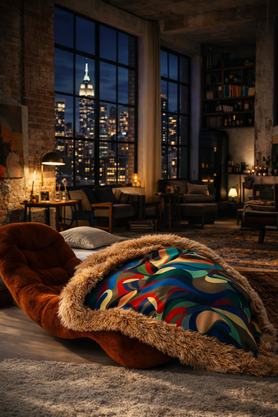 Decke mit Kuschelfaktor – Braun meliert Fake Fur und bedruckte Seide