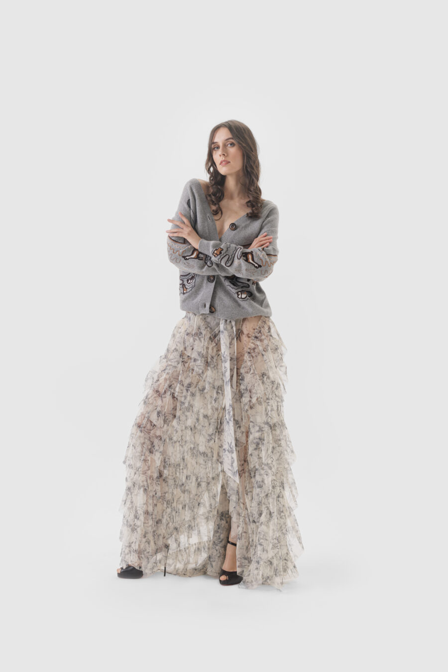 Maxirock, Volant, transparenter Stoff, schwarz, weiss