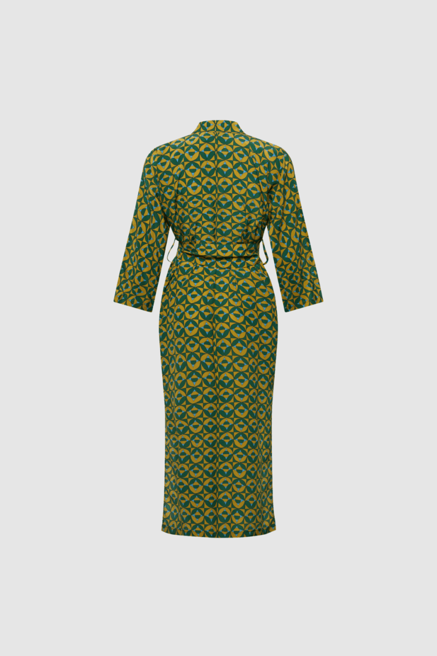 Langer Seiden-Kimono mit grafischem Print in Grün und Gold Seidenhose mit grafischem Print in Grün und Gold , Boscana, lifstyle, Anzug, Seidenhose, Back