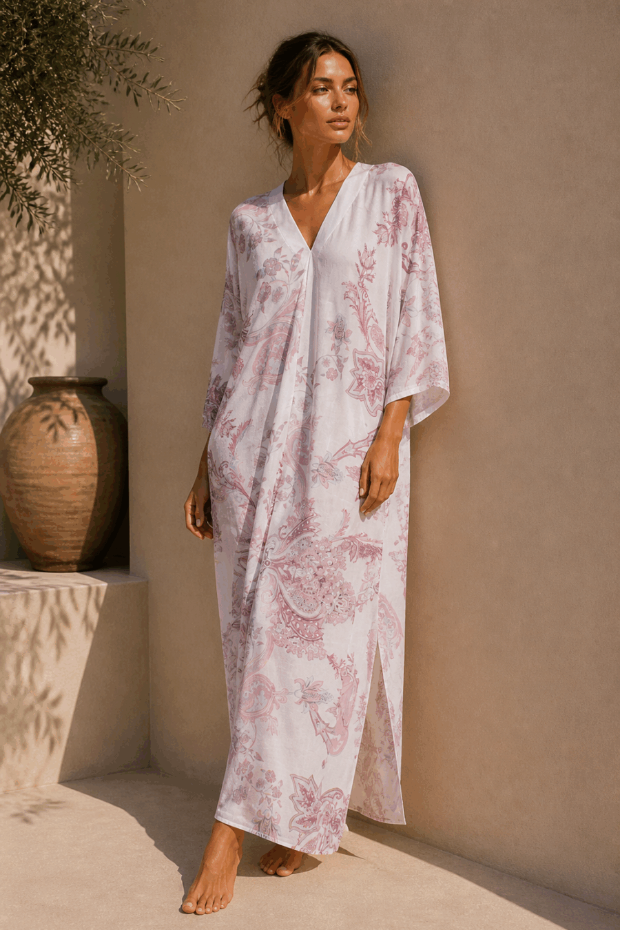 Tunika aus Leinen mit floralem Print in Weiß und Rosé