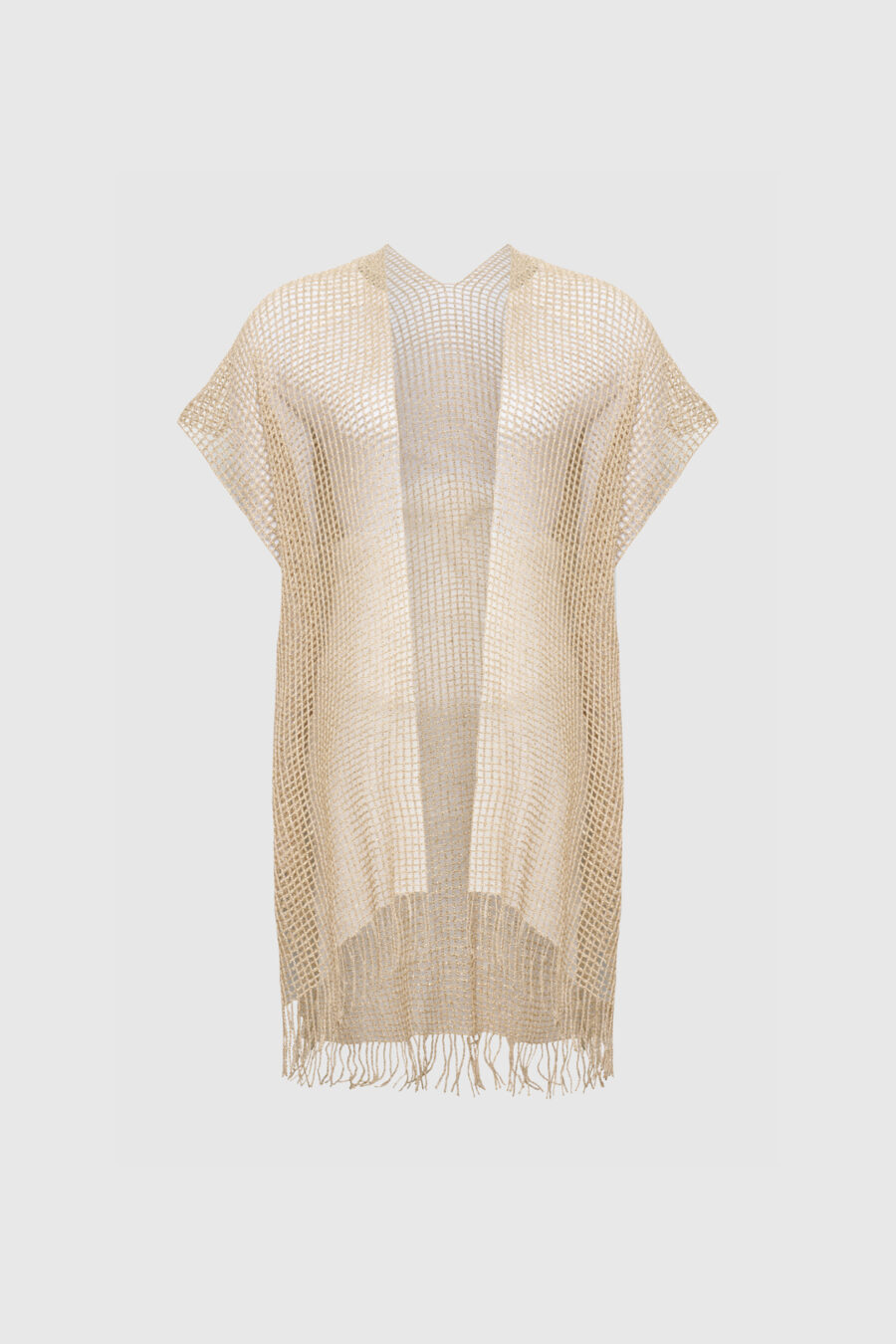 Poncho mit Fransen in Beige mit goldenen Lurexfaden