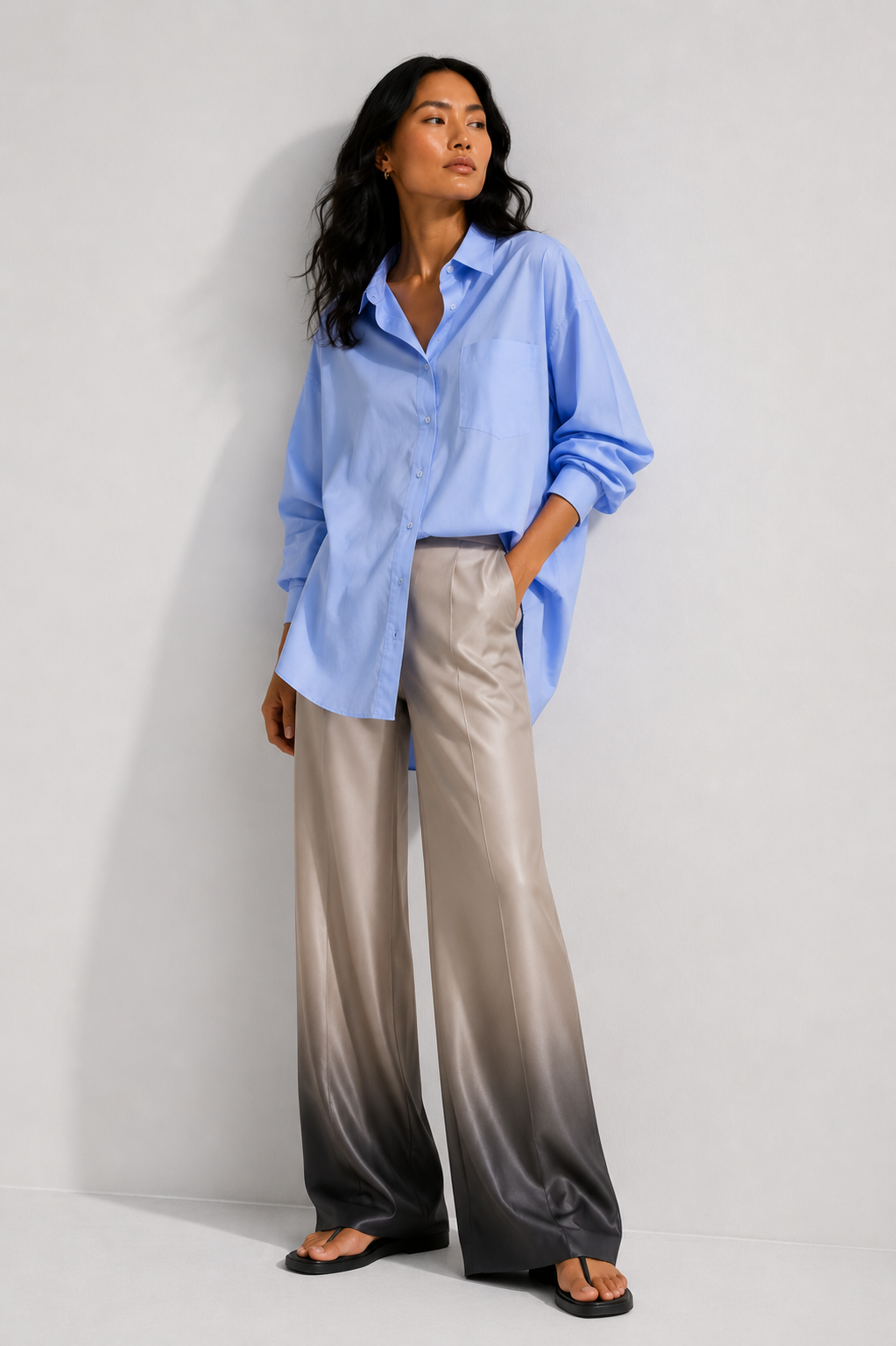 Satinhose mit Farbverlauf in Creme und Schwarz