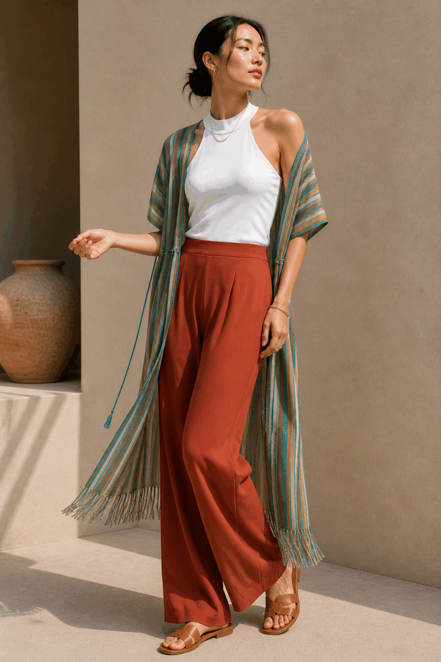 Elastische weite Hose mit verdecktem Gummiband in Apricot