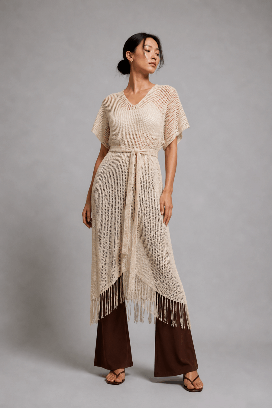 Tunika mit Fransen in Beige mit goldenen Lurexfaden