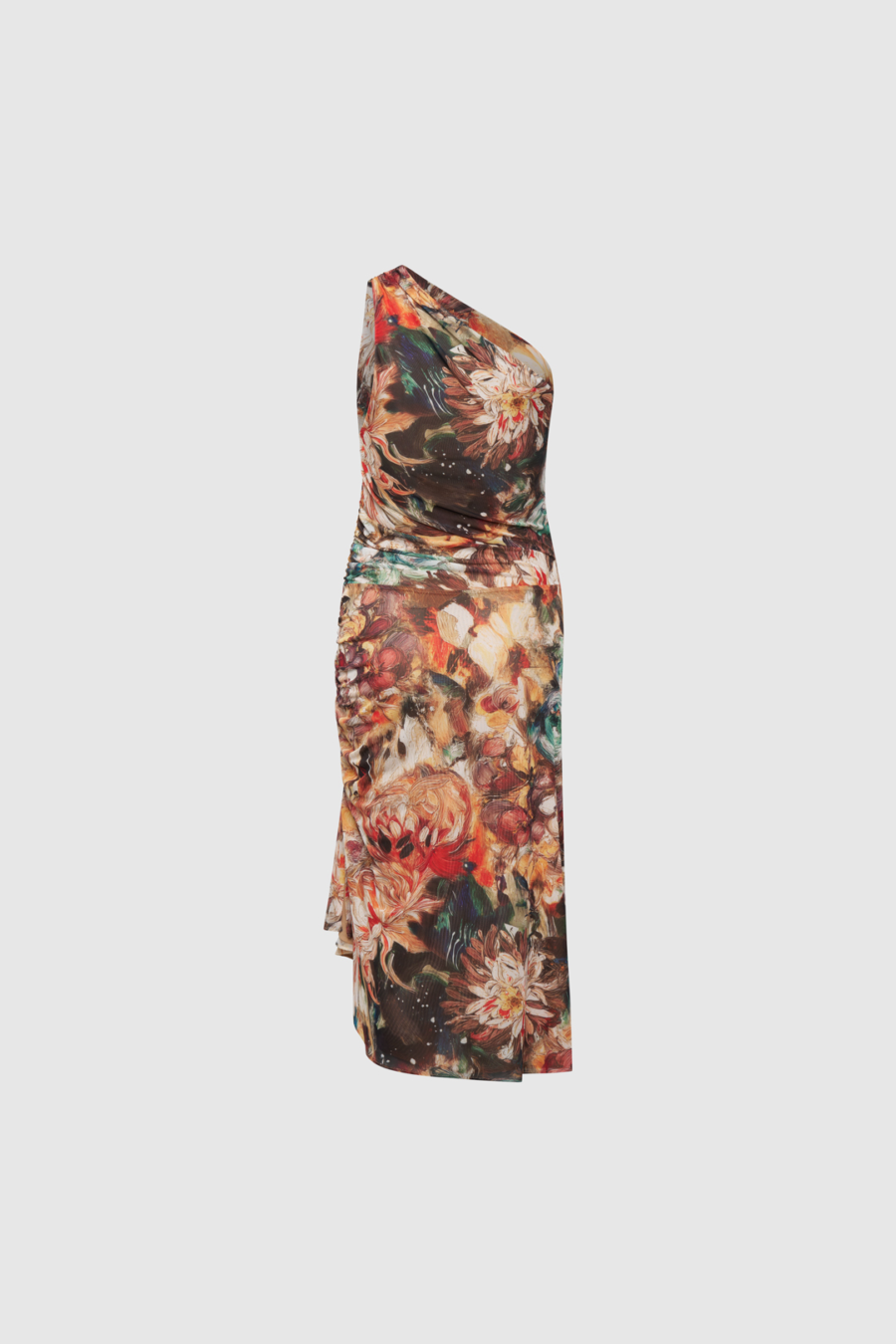 Asymmetrisches One-Shoulder Kleid in Braunem Mesh mit Drapierung