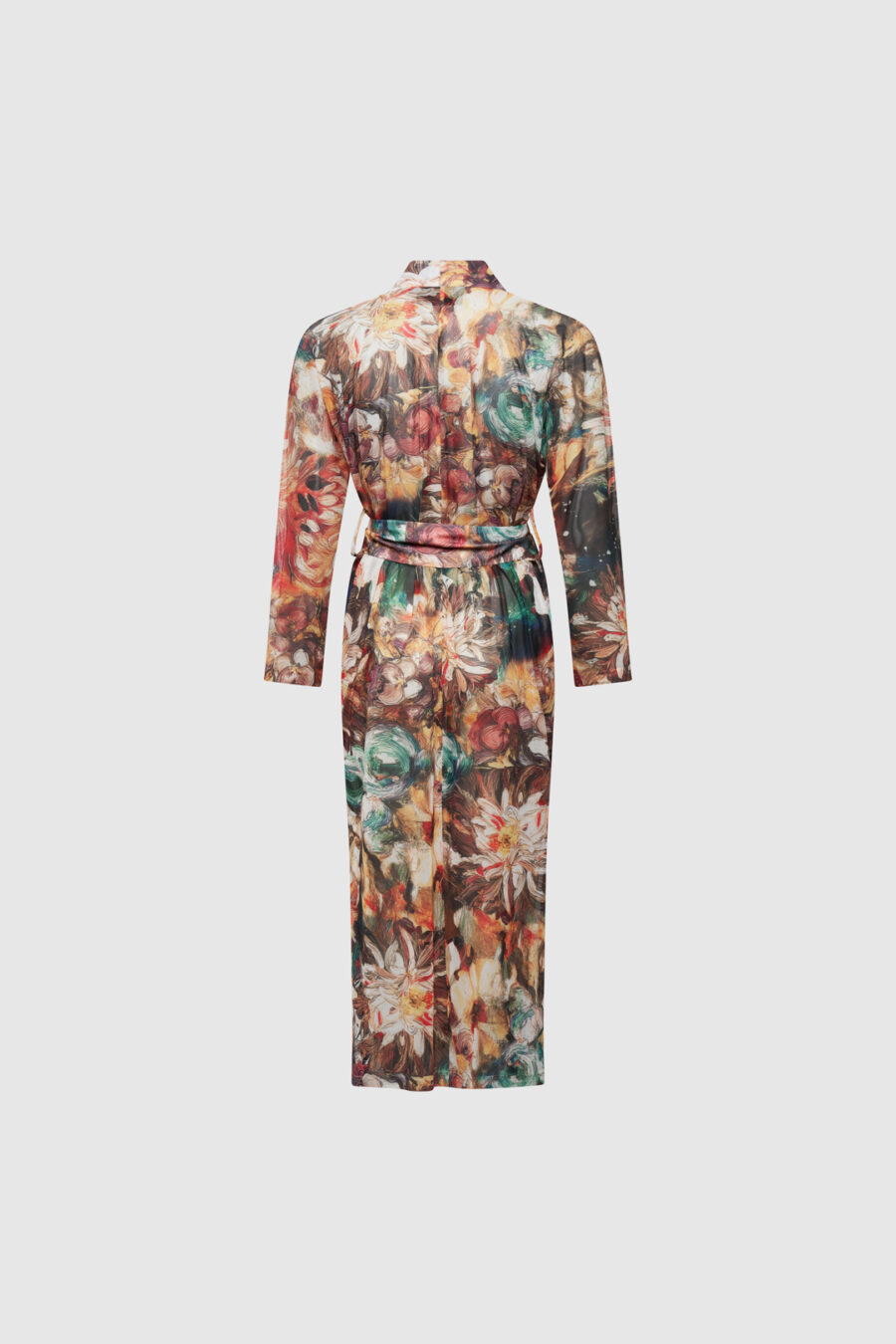 Langer Kimono mit floralem Print in Rot- und Braunnuancen