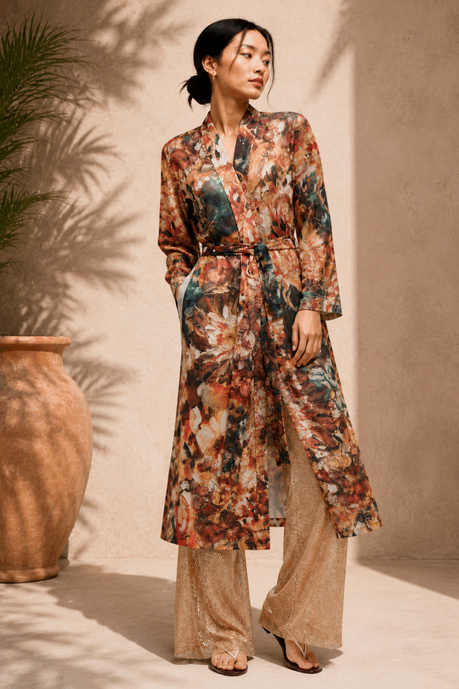 Kimono mit Print in Rot-, Braunuancen