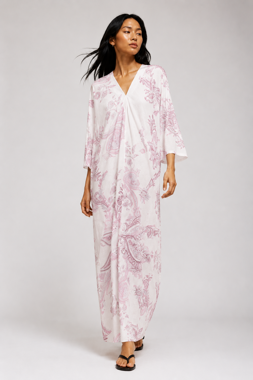Tunika aus Leinen mit floralem Print in Weiß und Rosé
