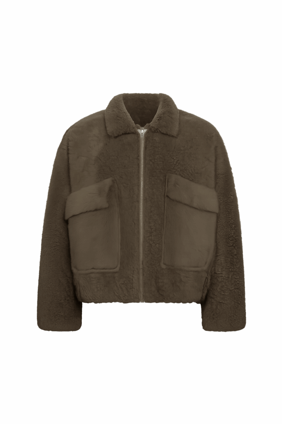 Lammfelljacke in Olive – Oversize Bomberjacke mit großen Brusttaschen