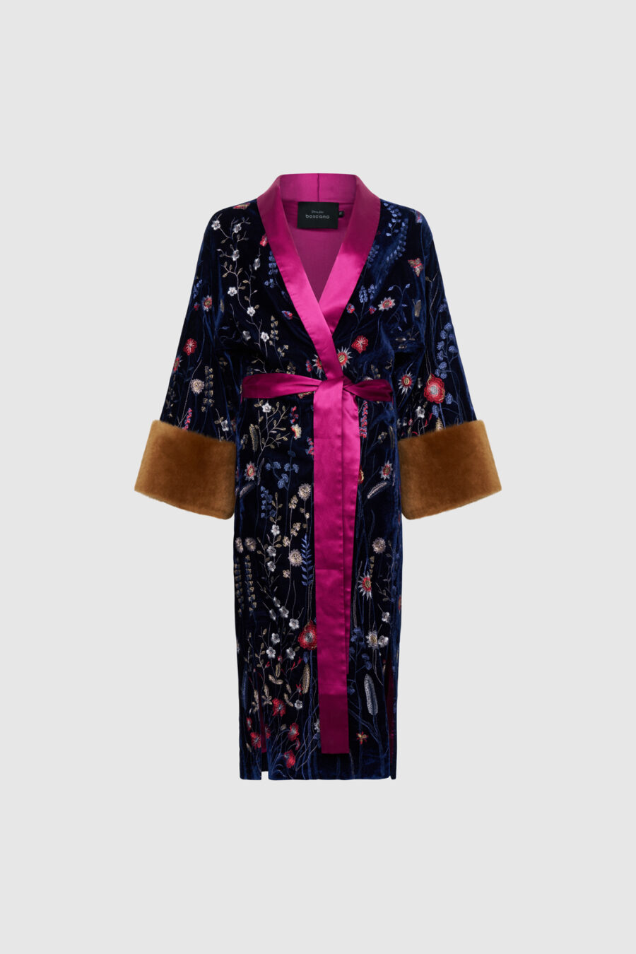Samt-Kimonomantel mit floralem Print und Seidenfutter in Midnight Blue